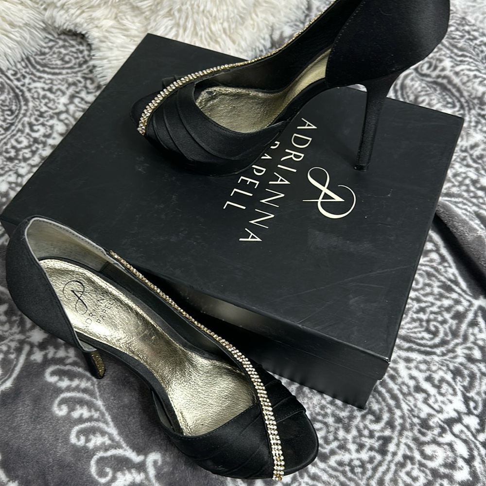 Adrianna Papell black satin heels with Rhinestones size 6.5